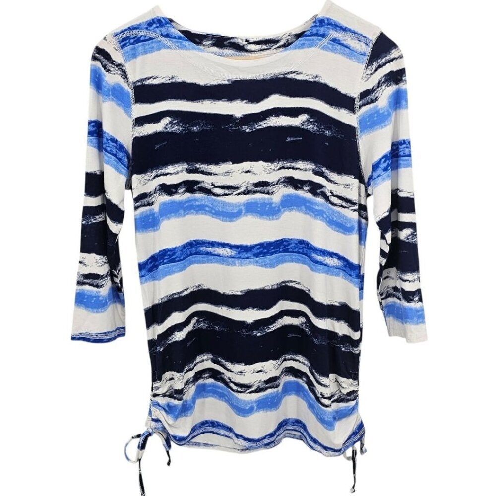 FDJ‎ Womens XS 3/4 Sleeve Ruched Sides Watercolor Stripe Top NWT